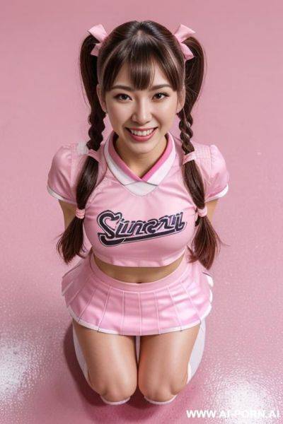 Three cheerleader women, chinese, asian, gorgeous, on knees, camera overhead, looking up at the camera, smiling sexually beautiful, - ai-porn.ai - China on pornintellect.com