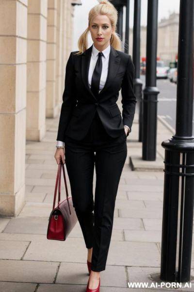 British office lady, wear black office trouser, office shirt, and mens fully cover black oxford shoes + derby shoes, and high ponytail, blonde hair, dark red lupsticks, full body, tie - ai-porn.ai - Britain on pornintellect.com