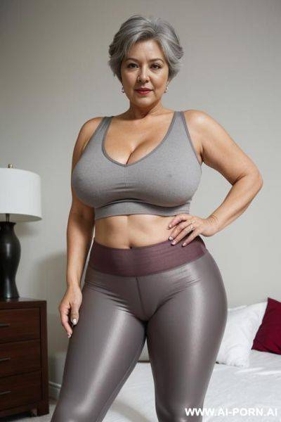 0 year old grandmother, full body, standing, lady, very visible signs of age, short gray hair, triangular hips, thick thighs, red legging, master bedroom - ai-porn.ai on pornintellect.com