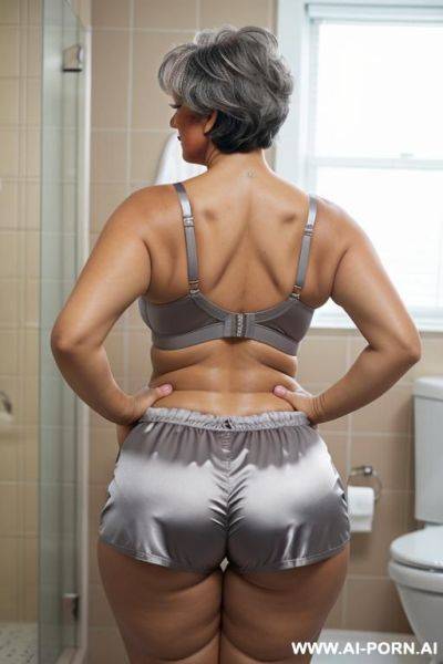 Back view, 0 year old grandma, full body, standing, lady, very visible signs of age, short gray hair, triangular hips, thick thighs, wearing colorful satin shorts and bra, bathroom - ai-porn.ai on pornintellect.com