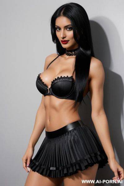 Indians, black hair, long straight hair, muscles, abs, navel piercing, jet black lipstick, black bra, black frilly skirt, seductive, looking at camera, full body, arms up - ai-porn.ai - India on pornintellect.com