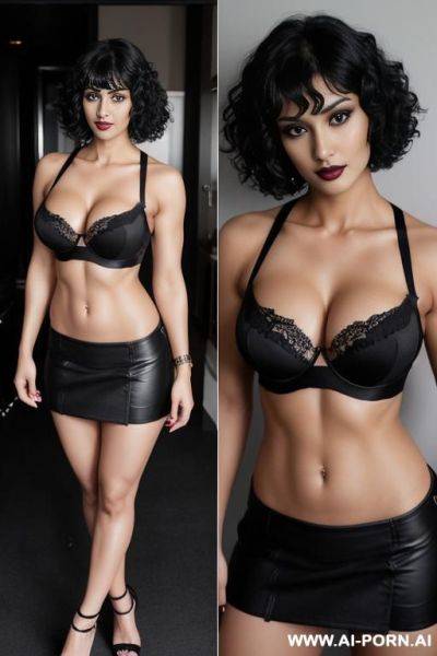 Indians, black hair, short curly hair, bangs, muscles, abs, navel piercing, dark black lipstick, black bra, black skirt, seductive, looking at camera, full body - ai-porn.ai - India on pornintellect.com