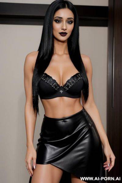 Indians, black hair, long straight hair, muscles, abs, navel piercing, dark black lipstick, black bra, black skirt, seductive, looking at camera, full body, wet dress - ai-porn.ai - India on pornintellect.com