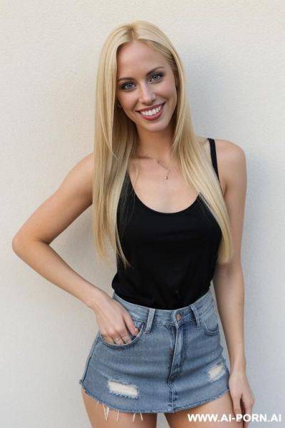 Blonde woman, party, jean skirt, tank top, sticking out tongue - ai-porn.ai on pornintellect.com