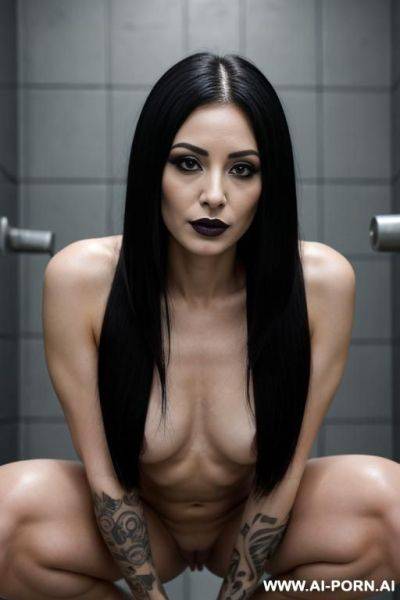 Fully naked mature goth babe, many tattoos, breasts, pert nipples, black lipstick, black hair - ai-porn.ai on pornintellect.com