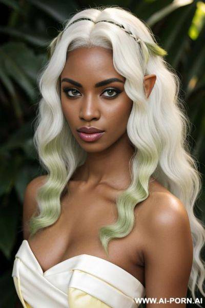 Black woman, white wavy hair, green eyes, elf ears, white dress, busty, - ai-porn.ai on pornintellect.com