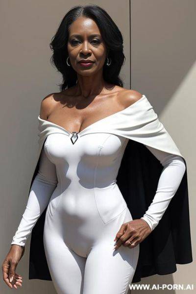 1 milf, 0 years old, realistic, beautiful face, hd, k, detail, high detail, k, full body, beautiful face, super hero suit, white bodysuit, sexy suit, shoulder off, shoulder cape, mom body, fifty years old, gray hair, s symbol on suit, african. - ai-porn.ai on pornintellect.com