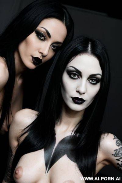 2 fully naked goth babes, black hair, black lipstick, black tattoos, dancing - ai-porn.ai on pornintellect.com