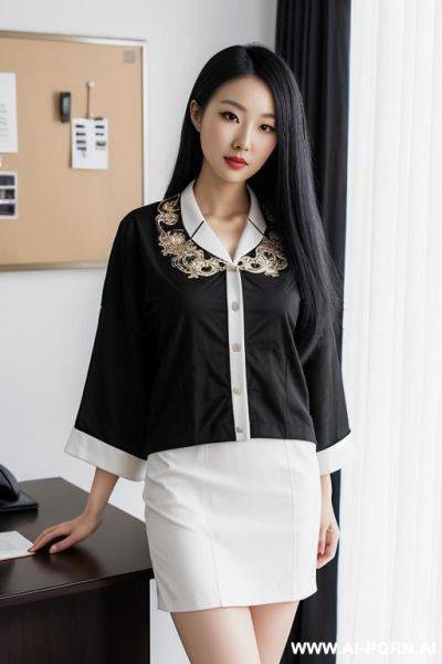 Beautiful japanese woman, white long hairs, black casual oversize wide leg trousers, standing - ai-porn.ai - Japan on pornintellect.com