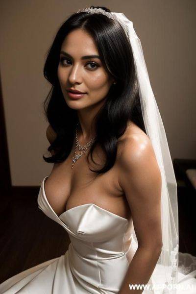 ( bride), (topless), (topless wedding dress), (perfect teardrop breasts), (sexy face), (elegant necklace), ( ), (eye contact), (tan), (super model) - ai-porn.ai on pornintellect.com