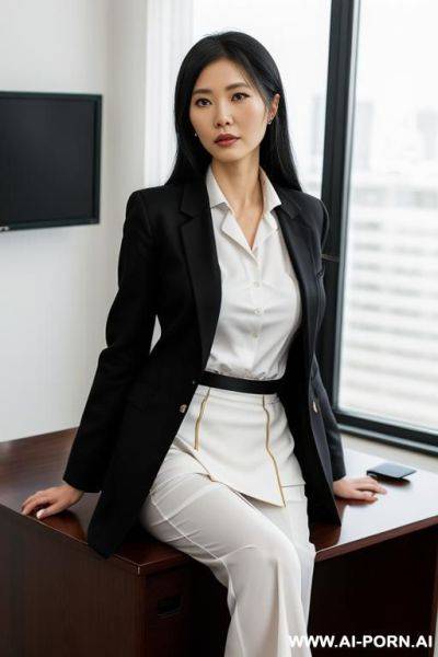 Beautiful japanese woman, white long hairs, black casual oversize wide leg trousers, - ai-porn.ai - Japan on pornintellect.com