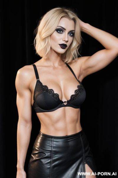 German, blonde, short straight hair, muscles, abs, big ass, navel piercing, black lipstick, goth makeup, black bra, black skirt, looking at camera, tall, full body, one arm raised, open mouth, side view - ai-porn.ai - Germany on pornintellect.com