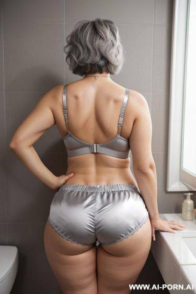 Back view, 0 year old grandma, full body, standing, lady, very visible signs of age, short gray hair, triangular hips, thick thighs, wearing colorful satin shorts and bra, bathroom - ai-porn.ai on pornintellect.com