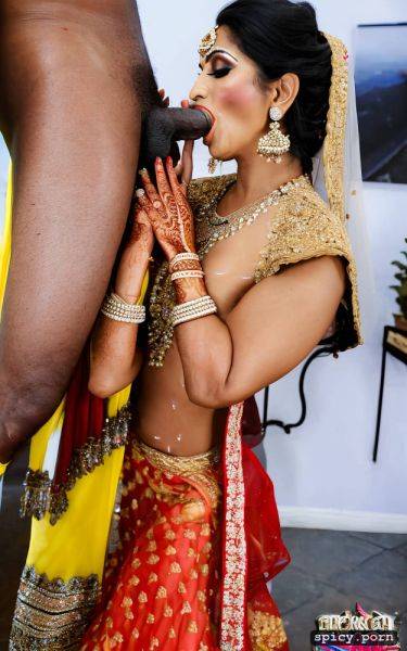 The two standing beautiful indian bride in public takes a huge black dick in the mouth and giving blowjob to the bride get covered by cum all over his bridal dress the bride realistic photo and real human - spicy.porn - India on pornintellect.com