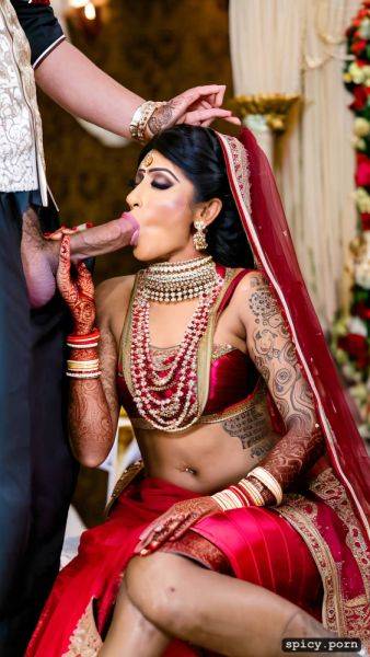 The two standing beautiful indian bride in wedding hall takes a huge black dick in the mouth and giving blowjob to the bride get covered by cum all over his bridal dress the bride realistic photo and real human - spicy.porn - India on pornintellect.com