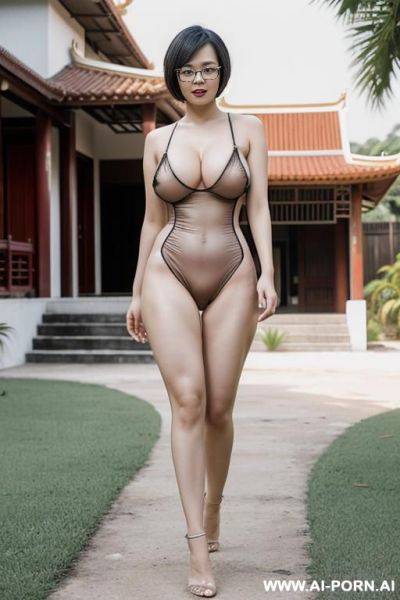 Thailand, chinese woman ((big breasts)) short bob hair, glasses, walking, naked, in front of the house, fence ((suit)) naked - ai-porn.ai - China on pornintellect.com