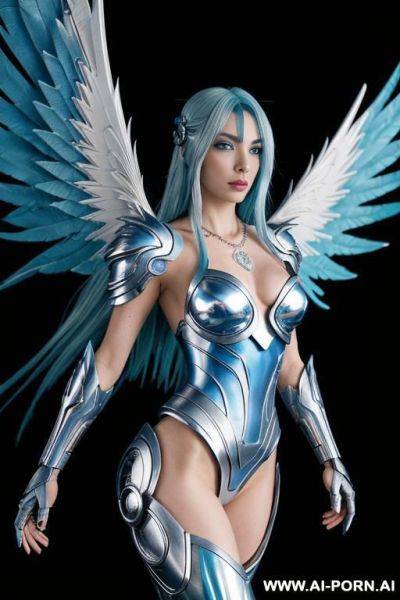 Fantasy, cyborg woman, battle angel, body full of different elements, flying elements woman, fantasy feathers wings, transparent elements body, white skin, metalc silver arms, transforming her whole - ai-porn.ai on pornintellect.com