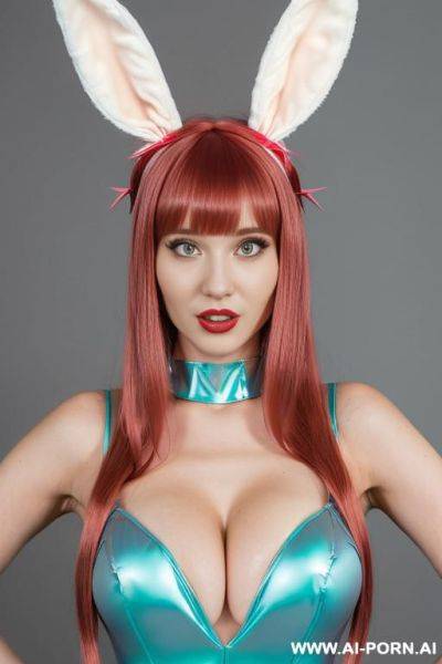 (short red hair), green eyes, (green bunny outfit), massive breasts, (two women), (kissing) - ai-porn.ai on pornintellect.com