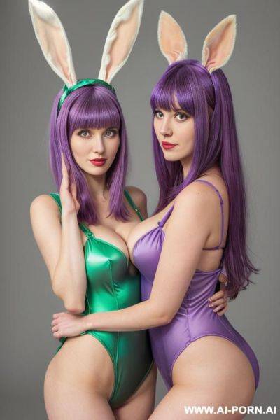 (short purple hair), green eyes, (green bunny outfit), massive breasts, ((two women)), (kissing) - ai-porn.ai on pornintellect.com