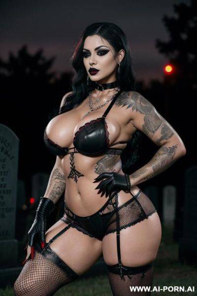 Massive tits, massive ass, tattoos, black lipstick, goth woman, black eyeshadow, black eyeliner, red eyes, (seductive stare), fishnet, (full body view), thick thighs, elry, chains, choker, black hair, ((striptease)), cemetery background, nighttime - ai-porn.ai on pornintellect.com