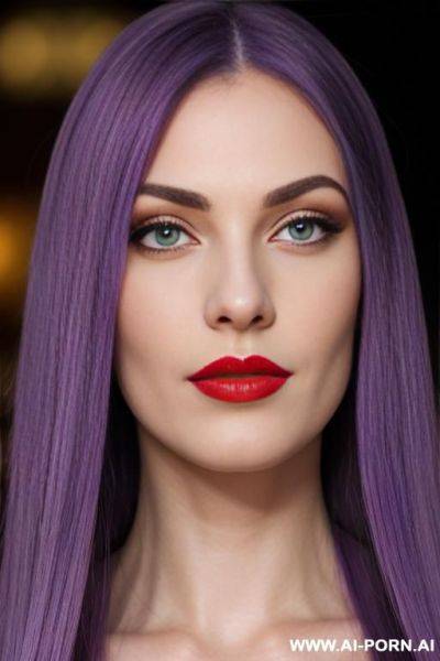 Beautiful european woman, tall, white skin, round face, purple hair, long straight hair, long eyelashes, green eyes, red lipstick, pointy nose, - ai-porn.ai on pornintellect.com