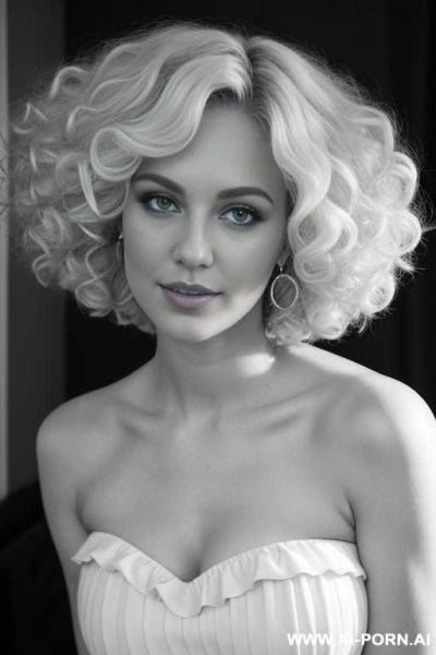 Pretty attractive curly haired swedish blonde in strapless black and white polkt dress, big full thick soft curly blonde bobcut, big bouncy blonde curls, billowy curly blonde hair, eye contact - ai-porn.ai - Sweden on pornintellect.com