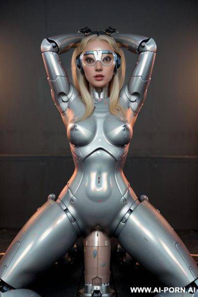 Busty blonde robot, fully robotic body and robot head, full body view, huge human boobs, (((cum leaking pussy))), wearing robot goggles, ((((riding a robot dildo)))) - ai-porn.ai on pornintellect.com