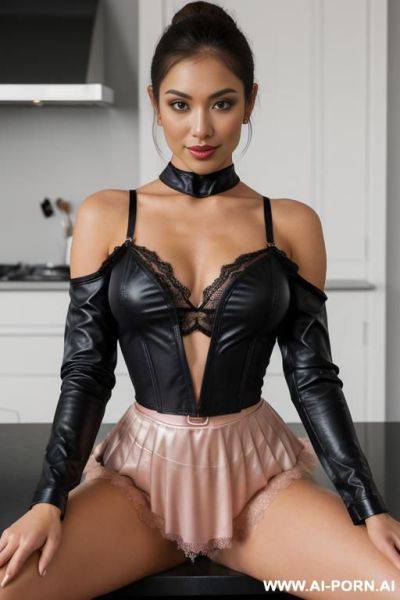 Standing woman blonde short leather black skirt black open leather jacket décolleté legs show pussy - ai-porn.ai on pornintellect.com