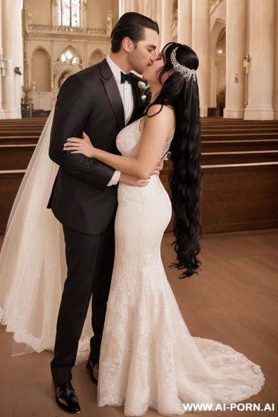 (((regina and douglas))) (((hyper realistic couple portrait))) (((woman with long black hair))) (((blessed wedding))) (((dazzling bride with handsome groom))) (((shiny wonderful dress with gigantic - ai-porn.ai on pornintellect.com