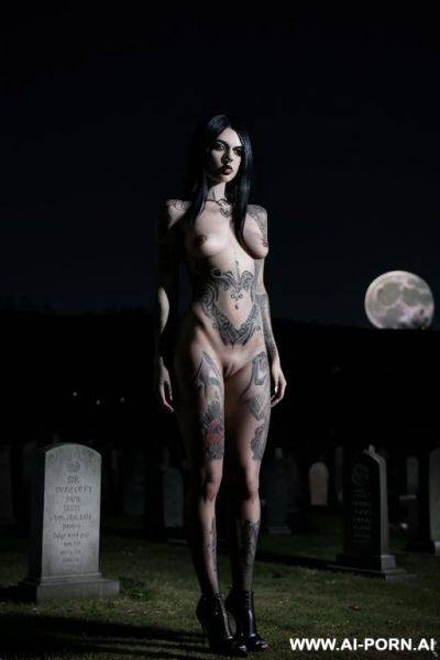 Beautiful naked goth woman, many tattoos, black hair, standing, graveyard, moonlight - ai-porn.ai on pornintellect.com