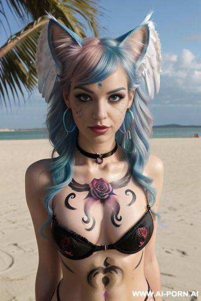 Face, sexy, beautiful, ((evil woman)), ((face painting)), ((body painting)), ((bikini as seashell)), ((fantasy bikini)), ((roses)), ((eyes shw)), ((angel wings)), ((choker)), ((rainbow hair)), (( makeup)), - ai-porn.ai on pornintellect.com