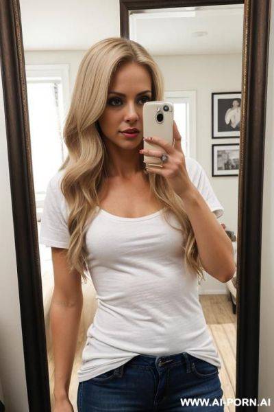 Woman long dark blonde jeans t-shirt selfie photo in the mirror - ai-porn.ai on pornintellect.com