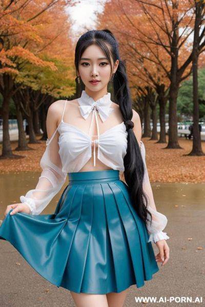 Beautiful sexy 20 year old long black hair woman posing naked, no makeup, brown eyes, ponytail, standing by park, good hands, perfect fingers, gauze angel dress, costume with blue accents, white cyan, japanese, lifting her skirt, front view - ai-porn.ai - Japan on pornintellect.com