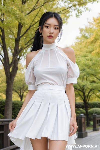 Beautiful 20 year old long black hair woman posing naked, no makeup, brown eyes, ponytail, standing by park, gauze white dress, costume with blue accents, white cyan, japanese, skirt, lifting her - ai-porn.ai - Japan on pornintellect.com