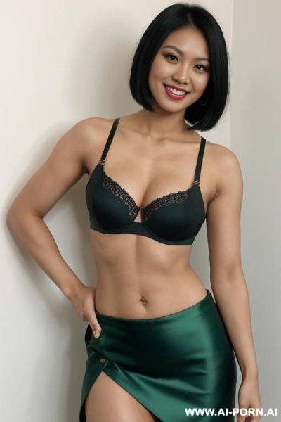 Filipina, black hair, short straight hair, fit, arms flexing, navel piercing, green bra, green skirt, smile, looking at camera, tall, full body - ai-porn.ai on pornintellect.com