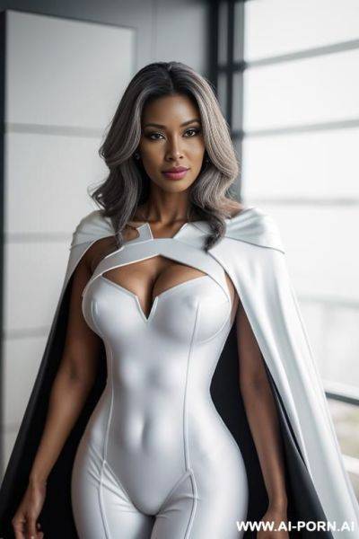 1 milf, 0 years old, realistic, beautiful face, hd, k, detail, high detail, k, full body, beautiful face, super hero suit, white bodysuit, sexy suit, shoulder off, shoulder cape, mom body, - ai-porn.ai on pornintellect.com