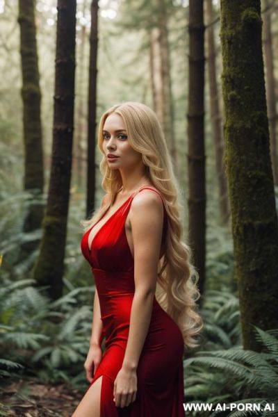 A 0 year old woman, very beautiful, with long blond hair and a very low-cut fire red dress, in the forest, photorealistic - ai-porn.ai on pornintellect.com