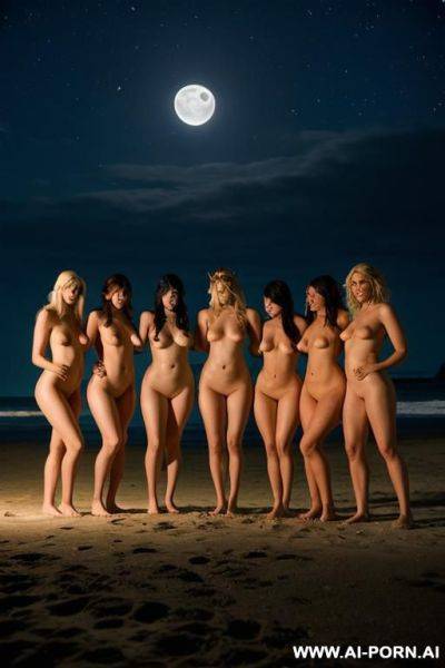 Group of sexy elf women on the beach at night, naked, in the moonlight. - ai-porn.ai on pornintellect.com