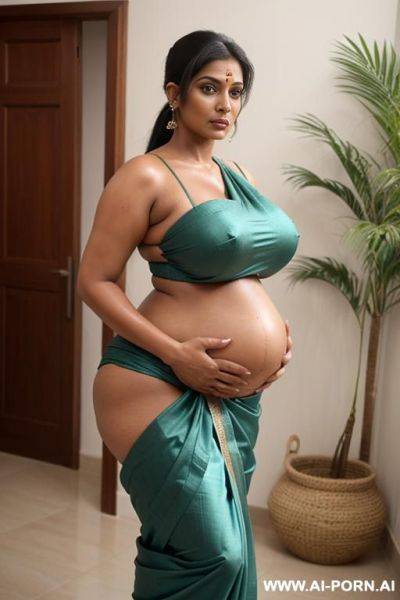 (((saggy rounded boobs))), monstruosly giant breasts, silicone implants, enormously fake heavy tits, big areolas, narrow waist, super huge massive breasts, tanned, oiled, shiny skin, ((high curvy - ai-porn.ai - India on pornintellect.com