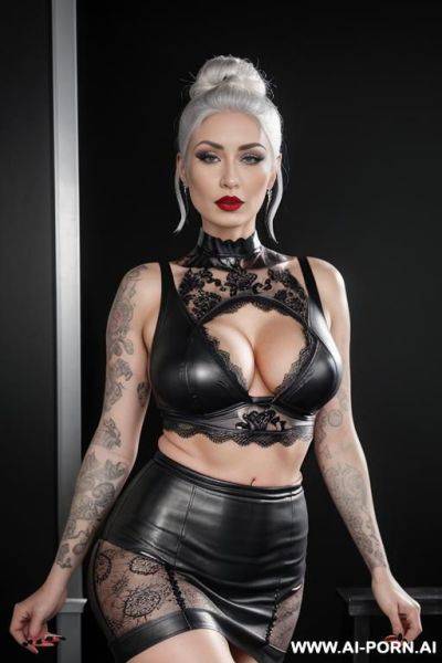 ((sexy hot mom, attractive milf, german frolin, white hair tied up in a bun, bright red lipstick, gothic, the arm is covered with tattoos)) ((sexy standing position, direct eye contact)) (((saggy - ai-porn.ai - Germany on pornintellect.com