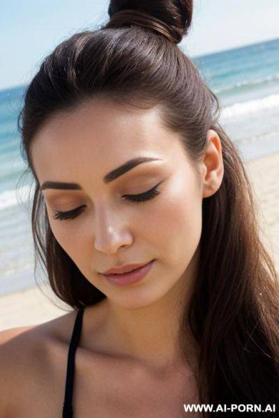 Beautiful milf, bun hair, closed eyes, closed mouth, long eyelashes, headshot, bottom view - ai-porn.ai on pornintellect.com