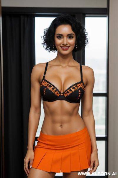 Indians, black hair, short curly hair, fit, abs, arm flexing, navel piercing, orange bra, orange skirt, looking at camera, tall, full body, view from far, holding panty in one hand - ai-porn.ai - India on pornintellect.com