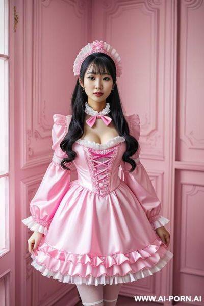 Dressed in a pink and white costume standing in a pink room, rococo, aestheticism, frilly outfit, japanese, 20 years old - ai-porn.ai - Japan on pornintellect.com