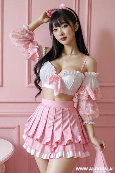 Dressed in a pink and white costume standing in a pink room, rococo, aestheticism, yami kawaii, frilly outfit, skirt, japanese, 20 years old, (lifting her skirt), (flip up the skirt), (roll up her skirt), (roll up skirt herself), show pany - ai-porn.ai - Japan on pornintellect.com