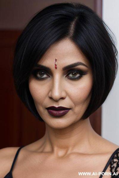 Bimbo mature, indian, milf, horny face, want to fuck, cuckold, cheating, hungry for sex, seductive look, busty, dark lipstick, villain, ulta quality photorealism, indian ethnic dress, round face, demon, same face, keep face. - ai-porn.ai - India on pornintellect.com