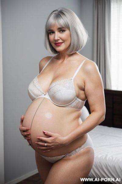 0+ year old mom in white lingerie white hair standing in bra and panties in the bedroom - ai-porn.ai on pornintellect.com