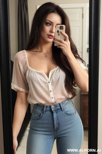 Woman long hair short blouse with the inscription los high-waisted jeans selfie photo in the mirror - ai-porn.ai on pornintellect.com