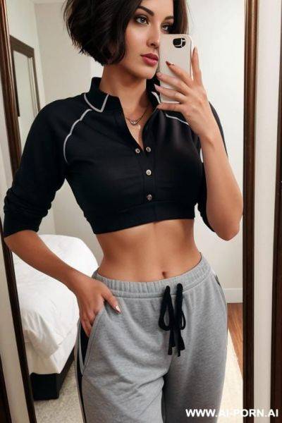 Woman short hair sweatpants unbuttoned selfie photo in the mirror - ai-porn.ai on pornintellect.com