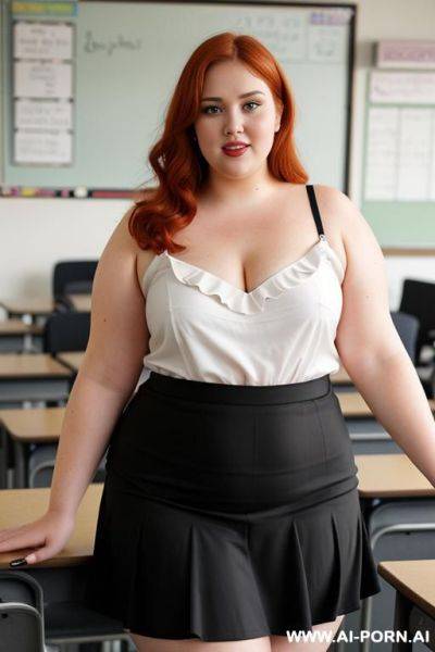 Full body photo shot, about at classroom, chubby fat bbw curvy teacher, wearing a sexy and hot micro red ruffle skirt and elegant micro summer top, speaking to the classroom. - ai-porn.ai on pornintellect.com