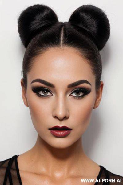 Beautiful heavy makeup lady, bun hair, headshot, scared expression, front view - ai-porn.ai on pornintellect.com